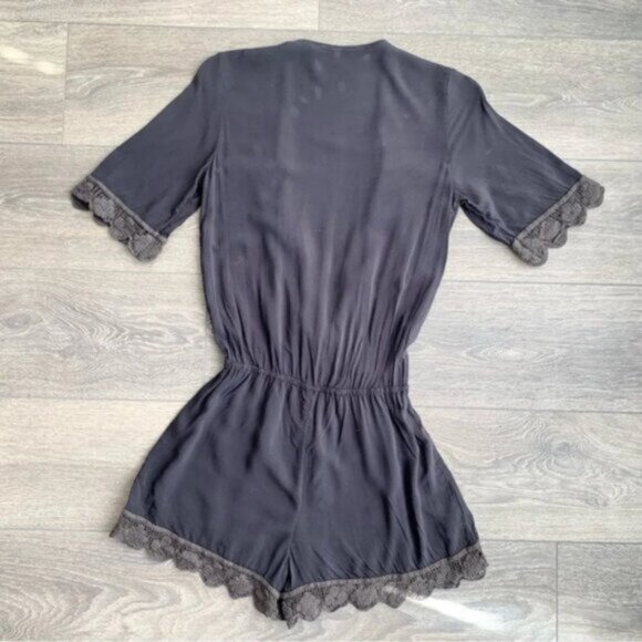 Free People Blue Life Boho Romper 3/4 Sleeve Surplice Neck Crochet Lace Black S - Picture 13 of 16